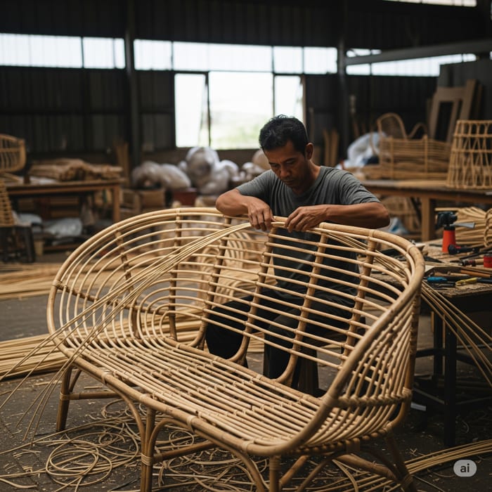 kursi dengan material rotan mandola