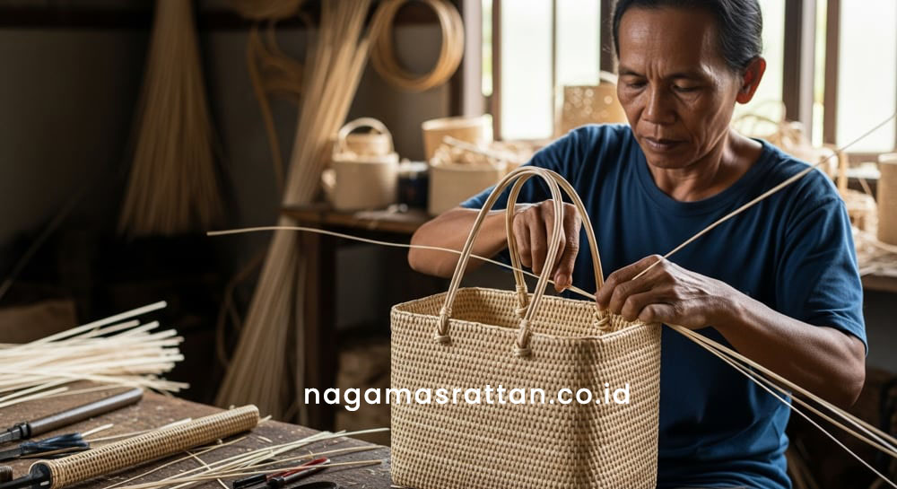 pengrajin sedang membuat tas keranjang belanja rotan wanita